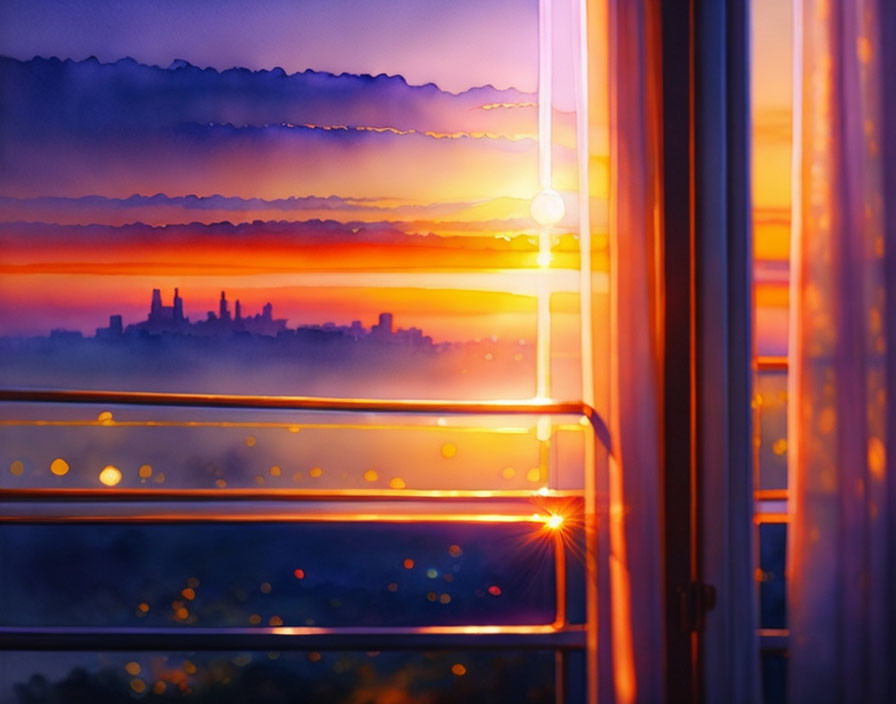 Orange and Purple Sunrise View Through Condensation-Covered Window