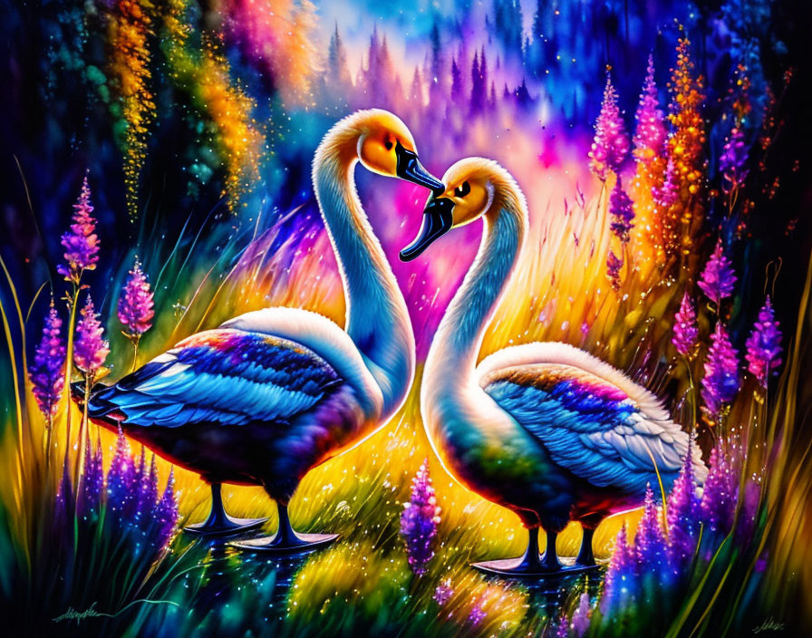 Swans surrounded by vibrant flowers on multicolored background