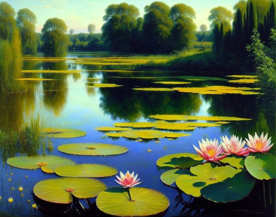 Tranquil Lake with Blooming Water Lilies and Lush Greenery at Dusk