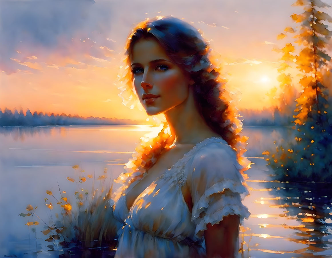 Serene woman standing by lake at sunset with radiant glow