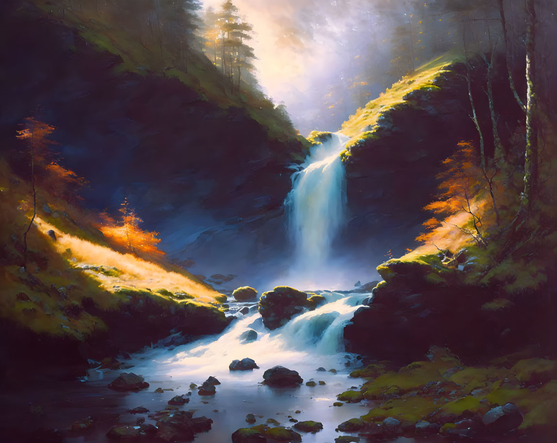 Tranquil waterfall in misty autumn forest