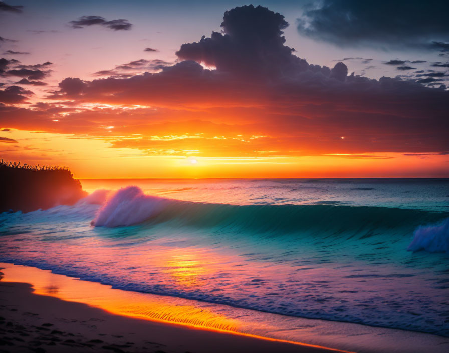 Colorful ocean sunset with crashing waves and warm reflections