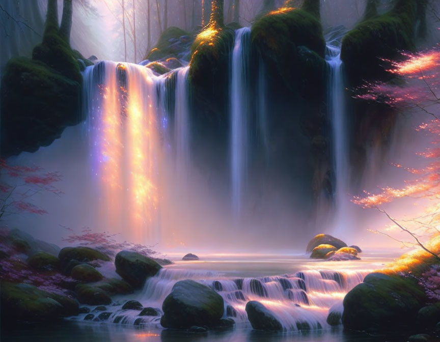 Tranquil waterfall in lush natural setting