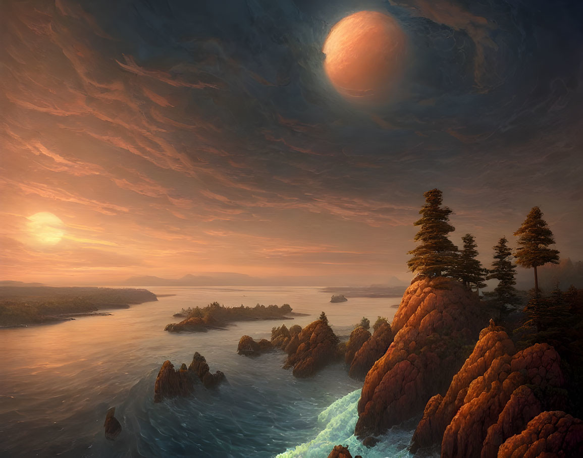 Surreal landscape with oversized moon, amber clouds, calm water, rocky shores, and pine trees