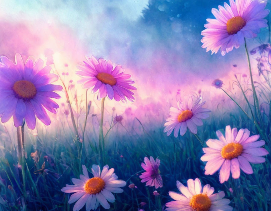 Purple and White Daisies in Mystic Pink and Blue Landscape