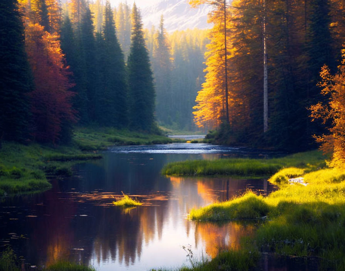 Tranquil river in autumn forest with golden sunset light