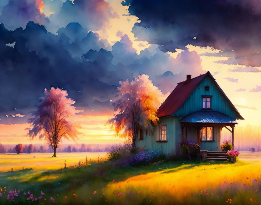 Colorful sunset painting of cozy cottage with blue roof amidst vibrant nature.