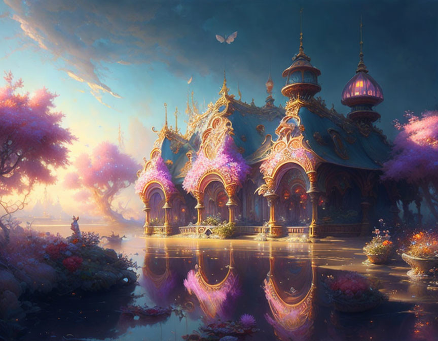 Fantastical glowing buildings reflected in calm waters with pink trees and butterflies under a radiant sky.