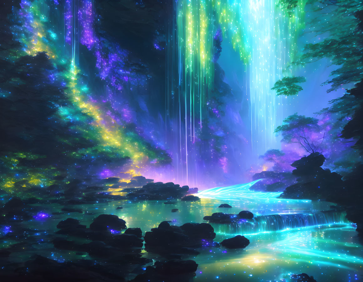 Enchanting forest scene with glowing lights, cascades, and starlit sky