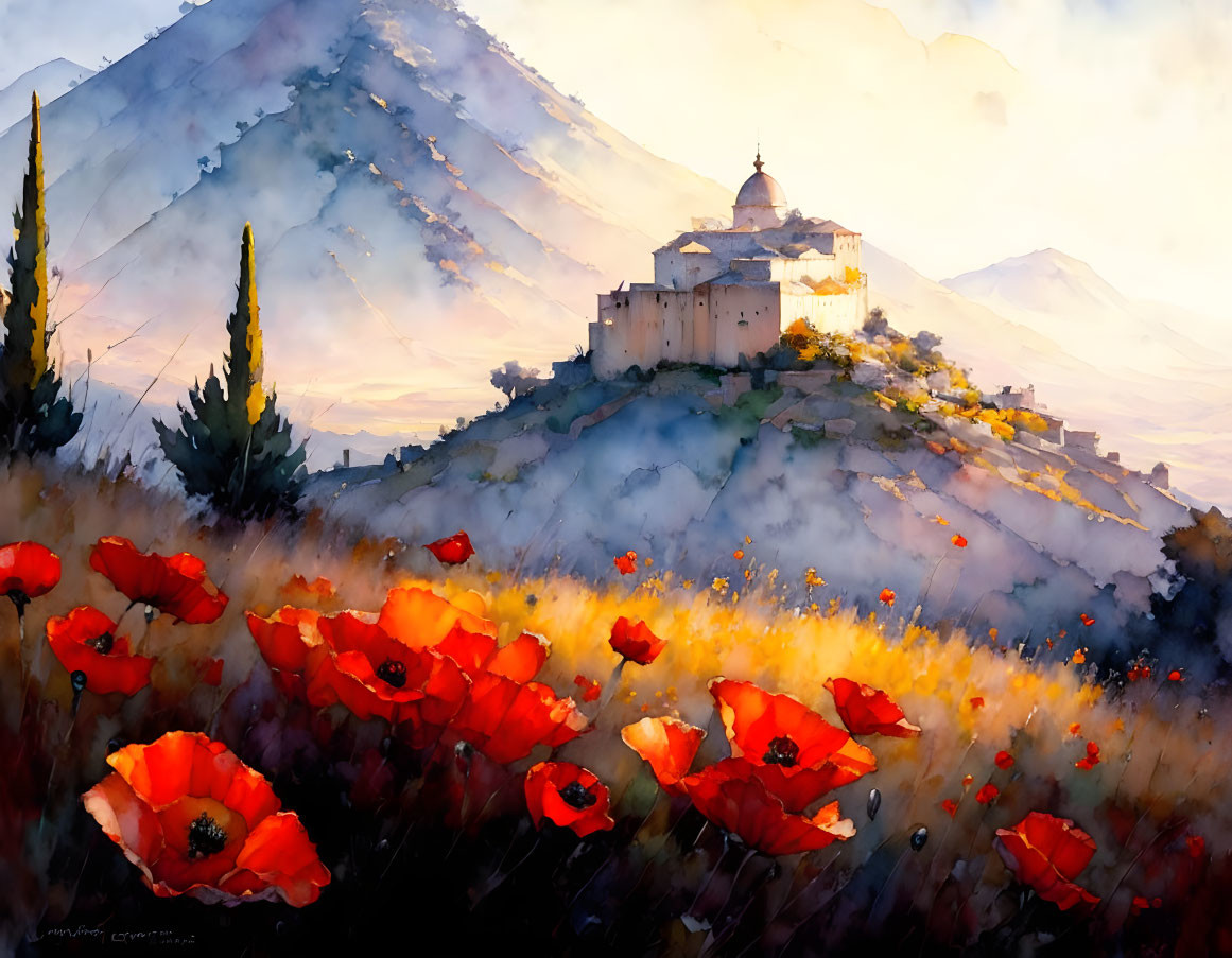 Scenic watercolor: Hilltop monastery, misty mountains, red poppies