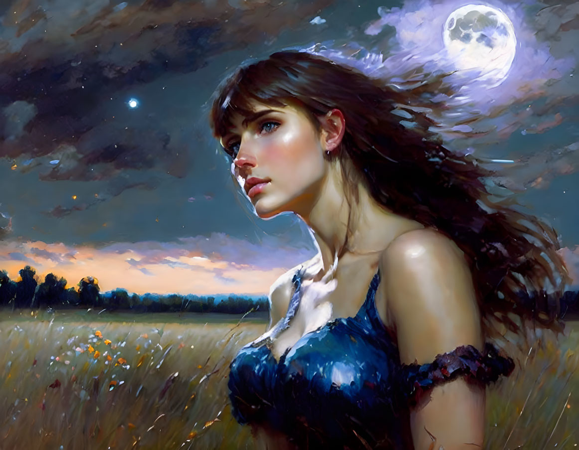 Woman with flowing hair in twilight field under full moon.