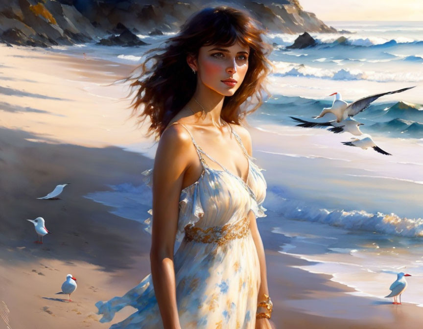 Woman in flowing dress on beach with waves, rocks, and seagulls in background