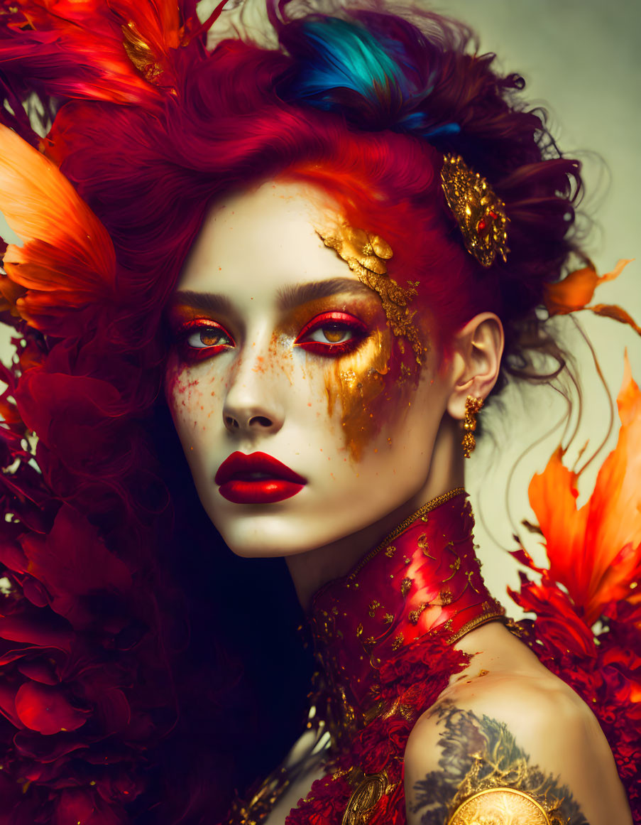 Vivid portrait: Woman with fiery red hair, golden accessories, red eye makeup, feathered embell