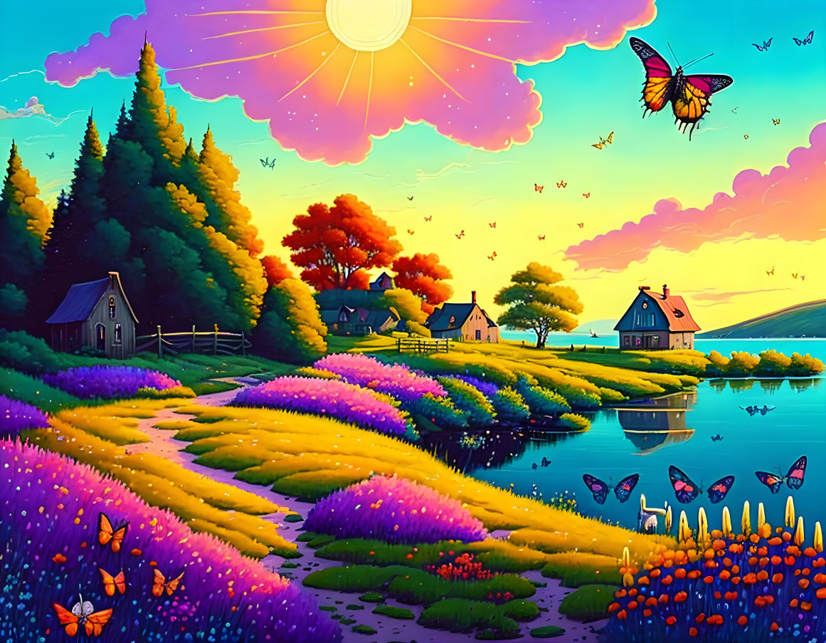 Colorful Storybook Landscape with Flowers, Butterflies, River, and Houses