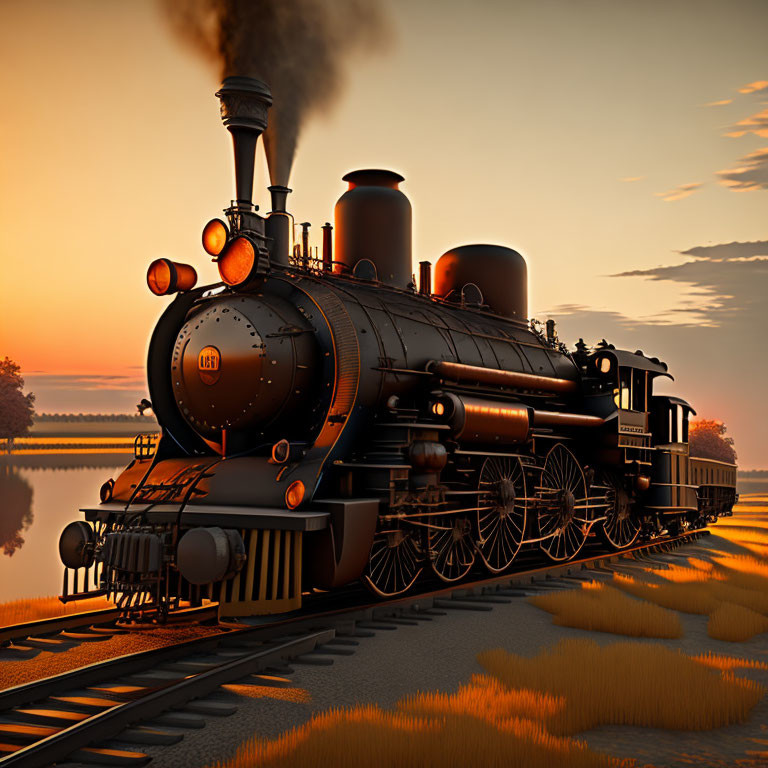 Vintage steam locomotive on tracks near reflective water at sunset.