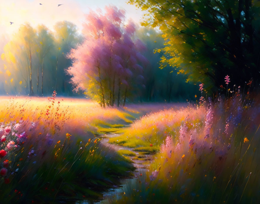 Sunlit meadow painting with trail, trees, and colorful blooms