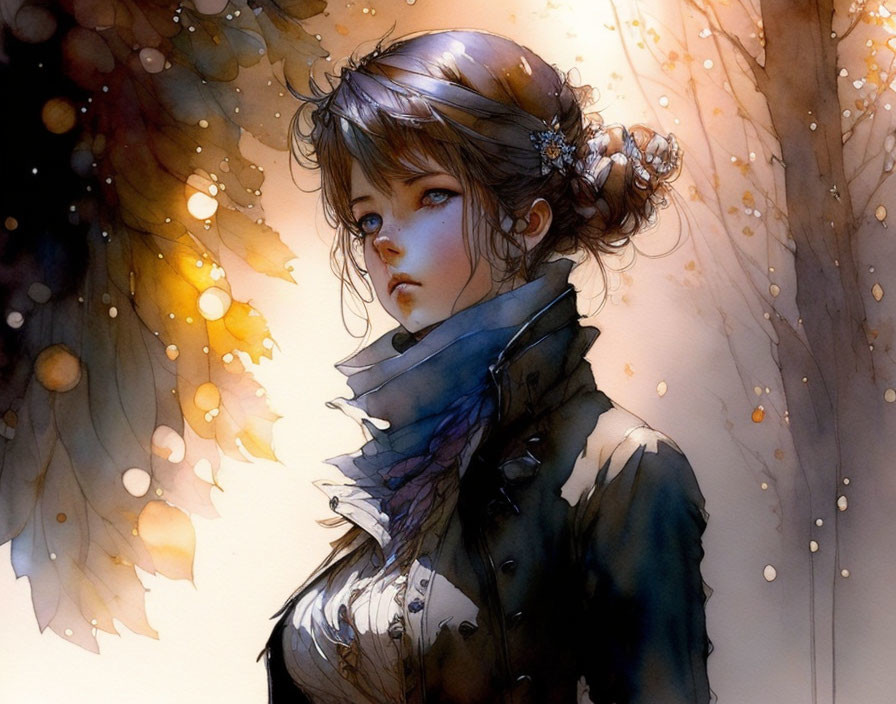 Illustrated Woman in Victorian Attire Against Autumn Background