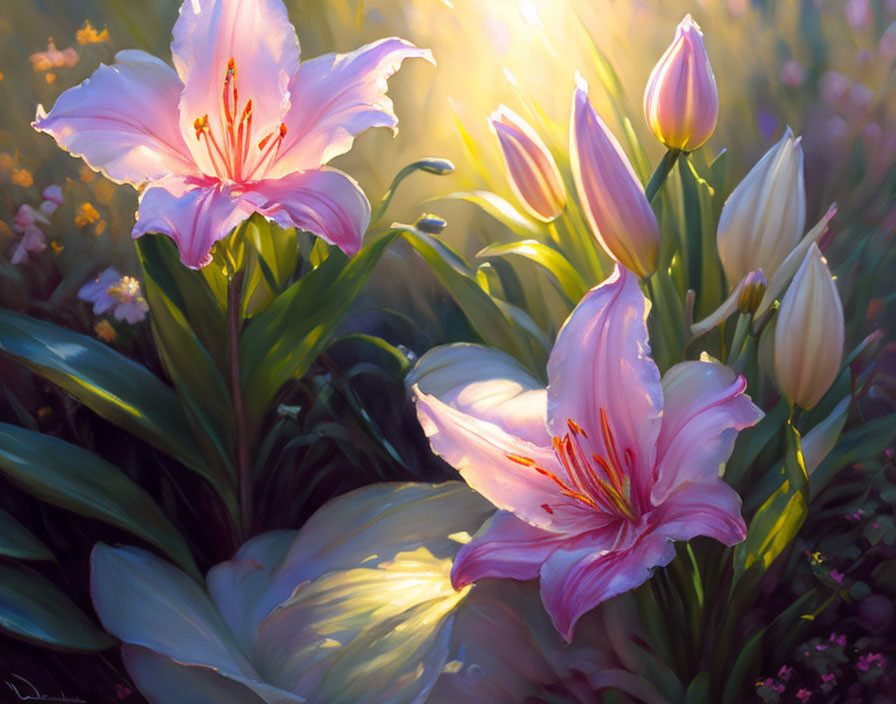 Pink lilies in serene garden at sunset with lush greenery