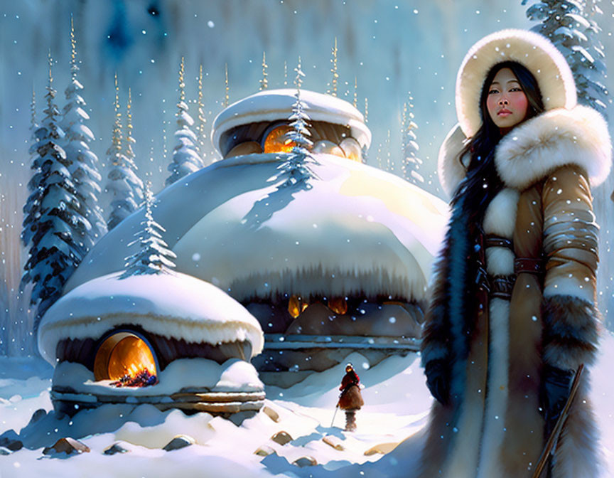 Person in fur clothing in snowy landscape with dome-like structures and pine trees.