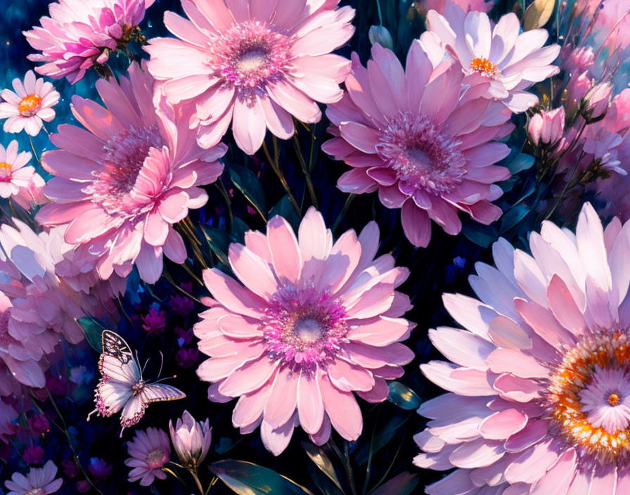 Pink and White Daisies with Butterfly Perched on Flower