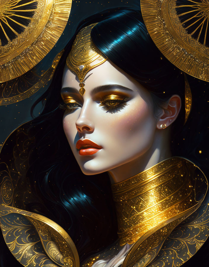 Dark-haired woman with gold makeup and jewelry on dark background