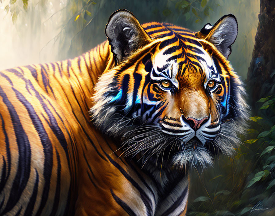 Digital painting of intense tiger with orange and black stripes in misty forest