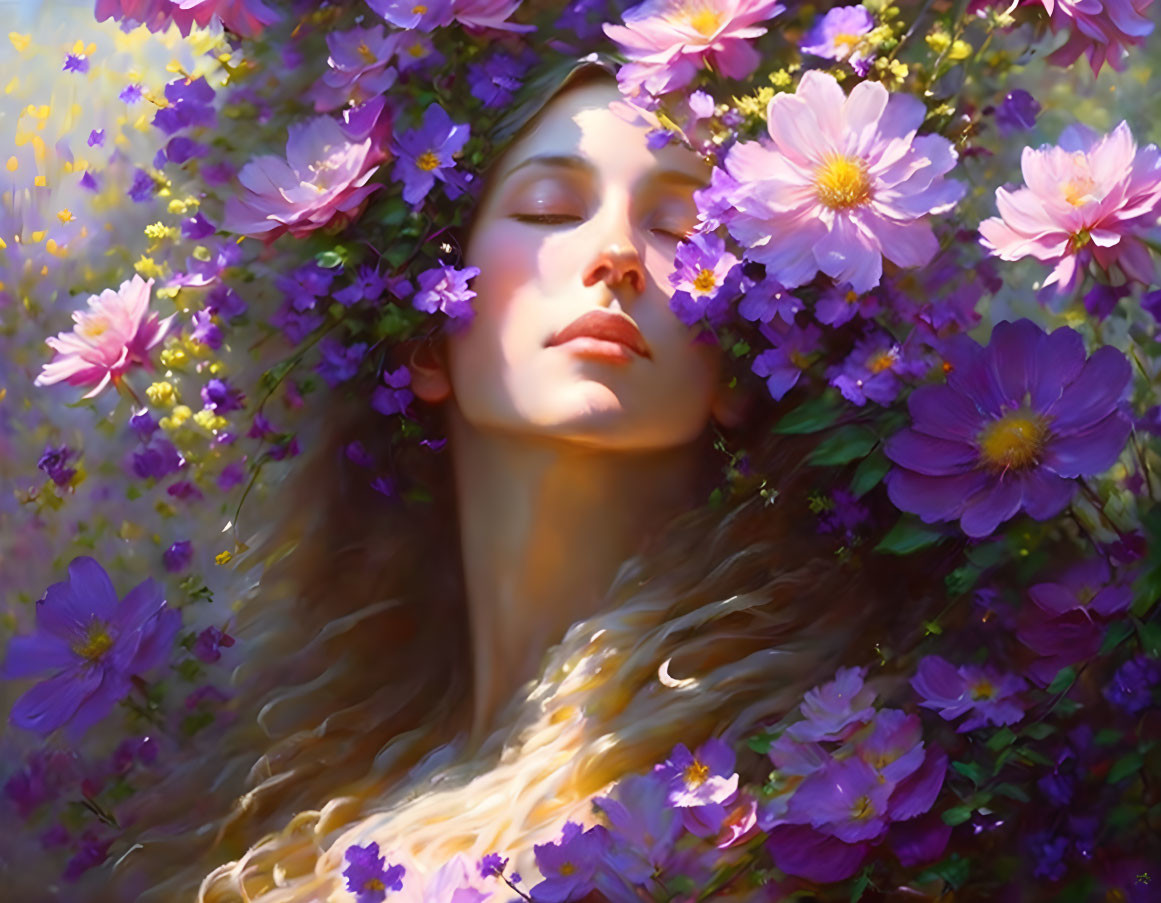 Serene woman in vibrant purple and pink flower setting