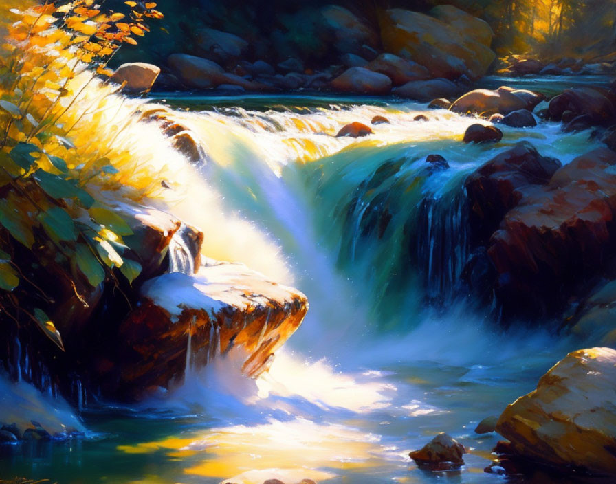 Tranquil waterfall in sunlit autumn forest