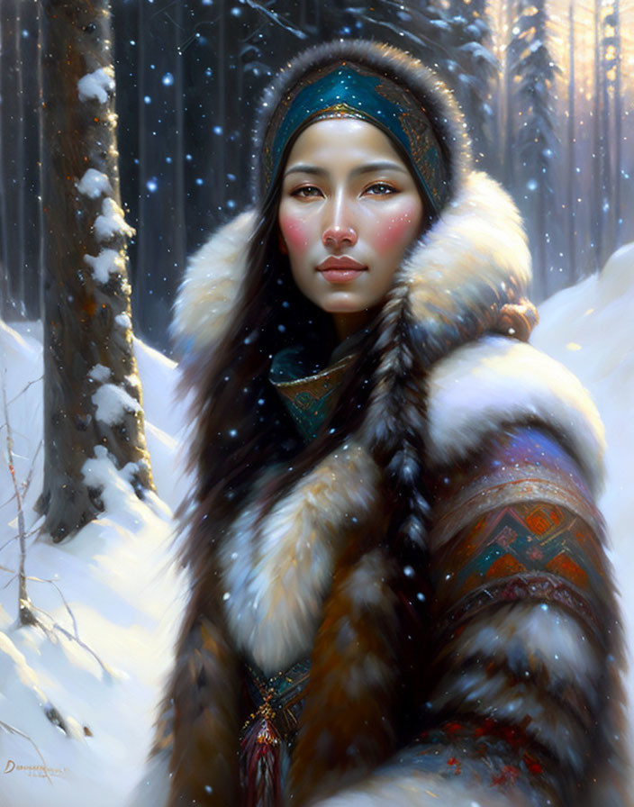 Woman in traditional fur attire in snowy forest with falling snowflakes.