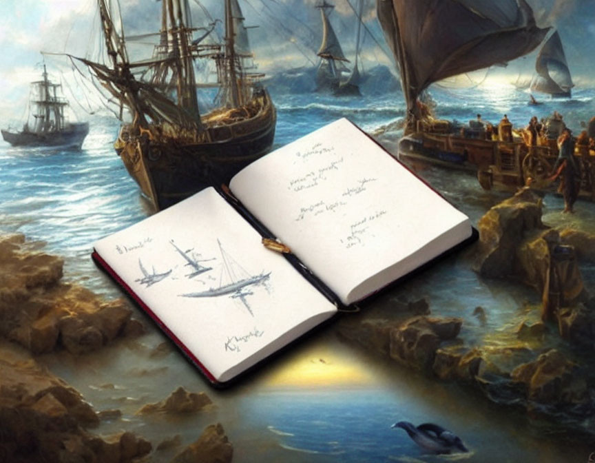 Seascape painting: open journal with ship sketches on rocky shore