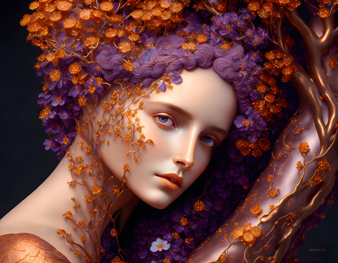 Digital artwork: Woman with purple hair and orange flowers on dark background