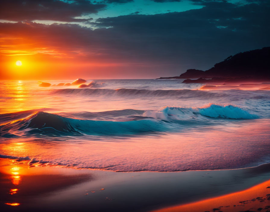 Colorful ocean sunset with cresting waves and hilly landscape