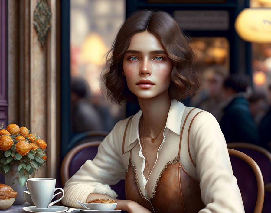 Young woman with coffee and croissant in urban café scene