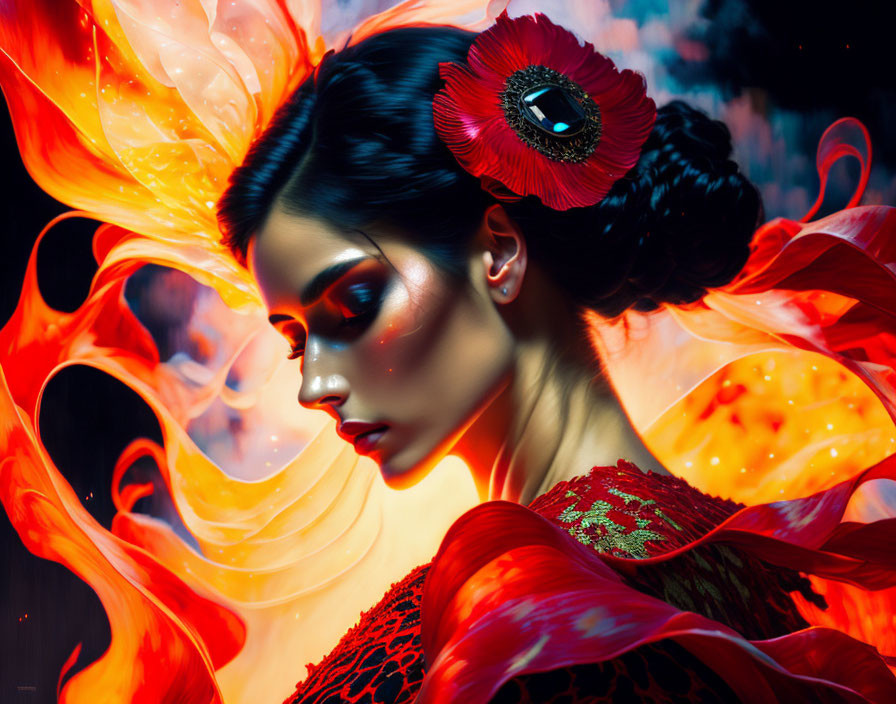 Woman with fiery red poppy in hair surrounded by flames-like fabric in red and orange palette