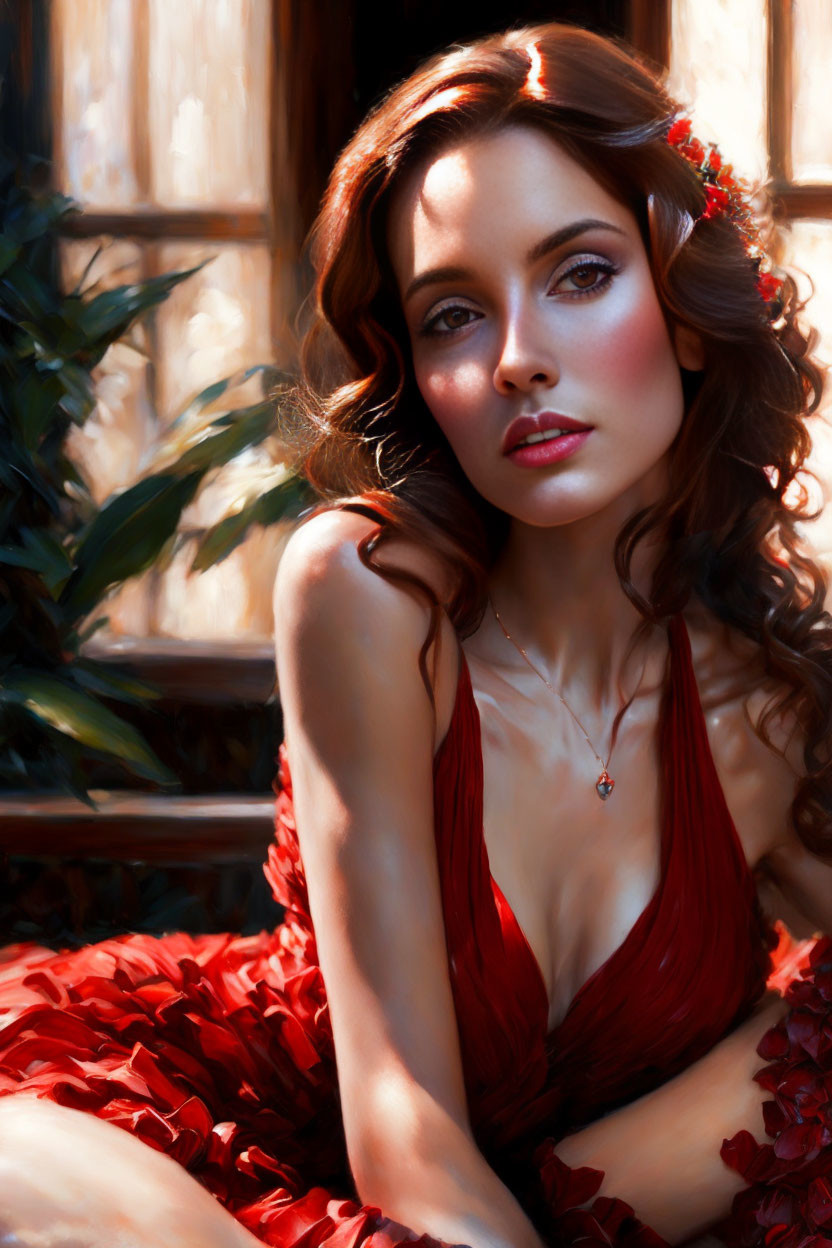 Woman with wavy brown hair in red dress near sunlit window