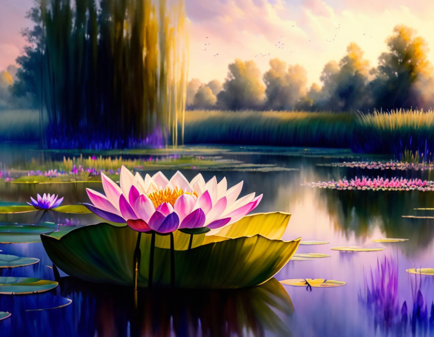 Vibrant digital painting: Lotus flowers on tranquil pond at sunset