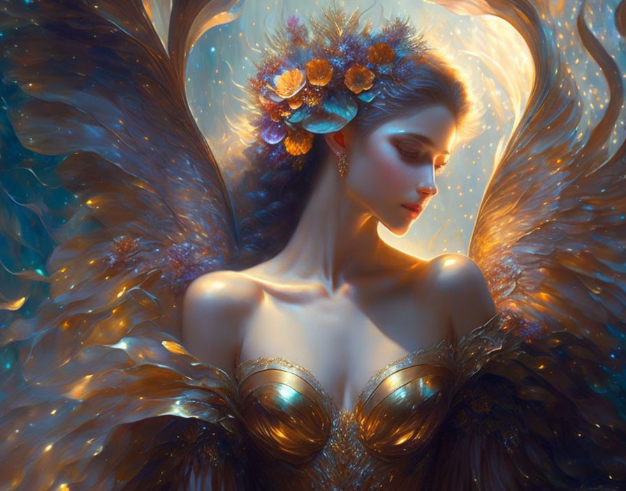 Digital artwork: Woman in golden attire with ornate wing-like structures and floral headpiece, glowing eth