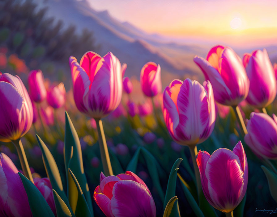 Pink and White Tulips at Sunrise with Blurred Mountain Landscape