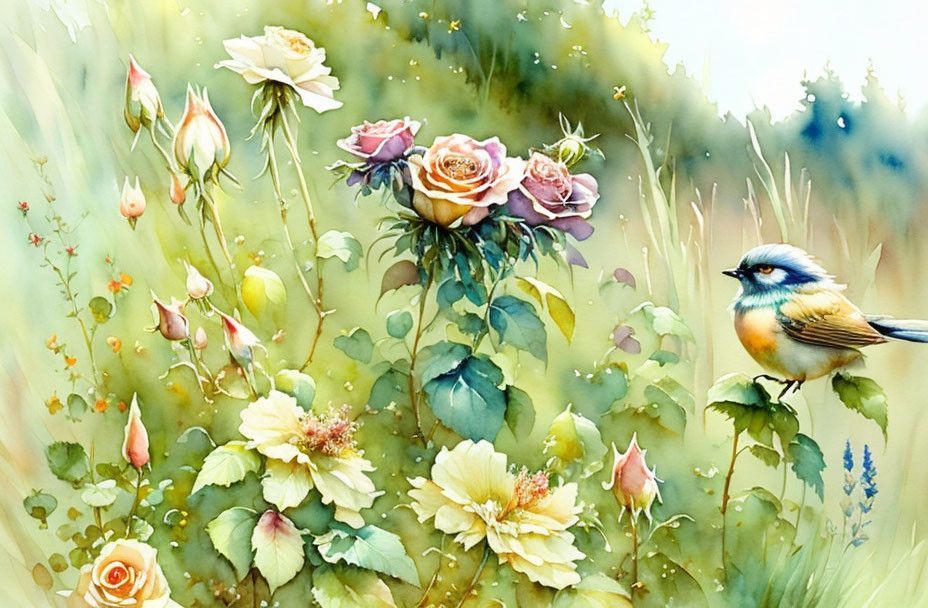 Garden scene watercolor painting with roses and bird