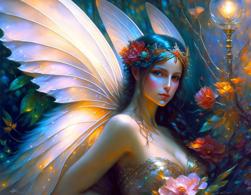 Fantasy artwork: Fairy with luminescent wings in colorful forest