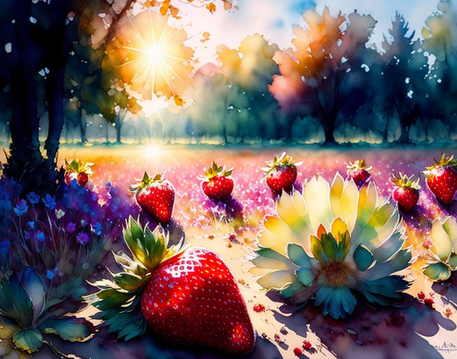 Colorful watercolor painting of ripe strawberries and flowers in sunlit forest.