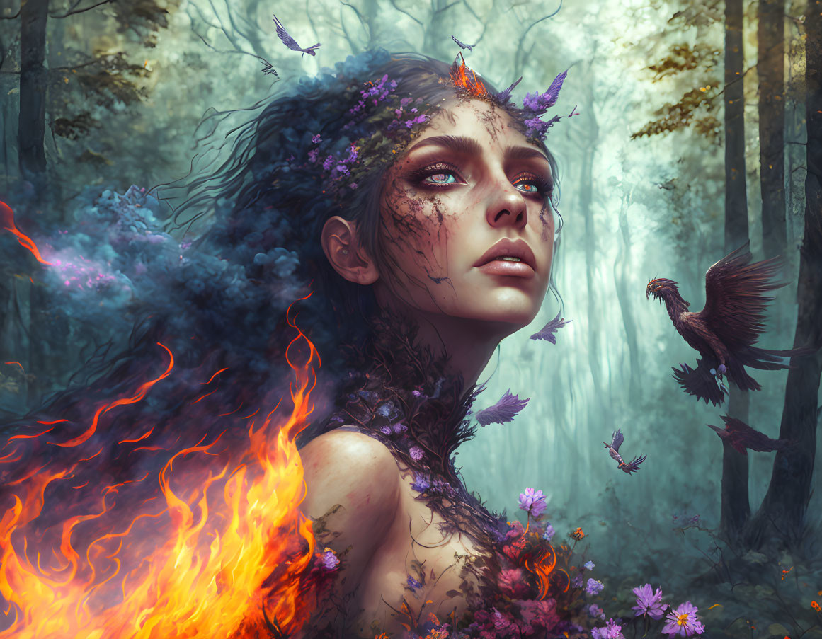 Fantasy portrait of a woman with fire, flowers, and bird in misty forest