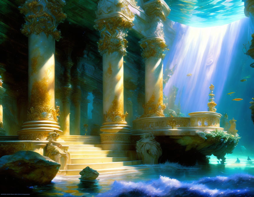 Sunlit underwater scene with golden pillars, sculptures, and swimming fish in serene blue environment