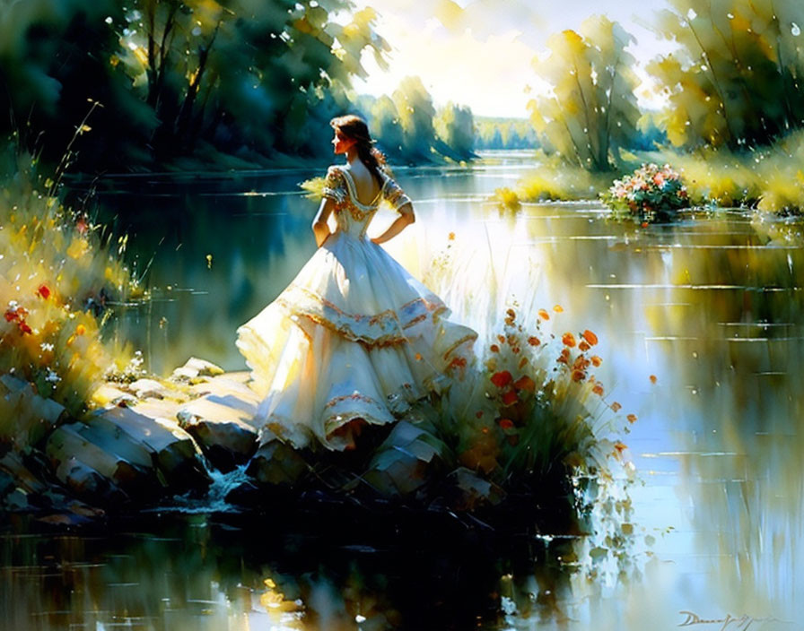 Woman in white vintage dress with bouquet on river stones amidst vibrant flora