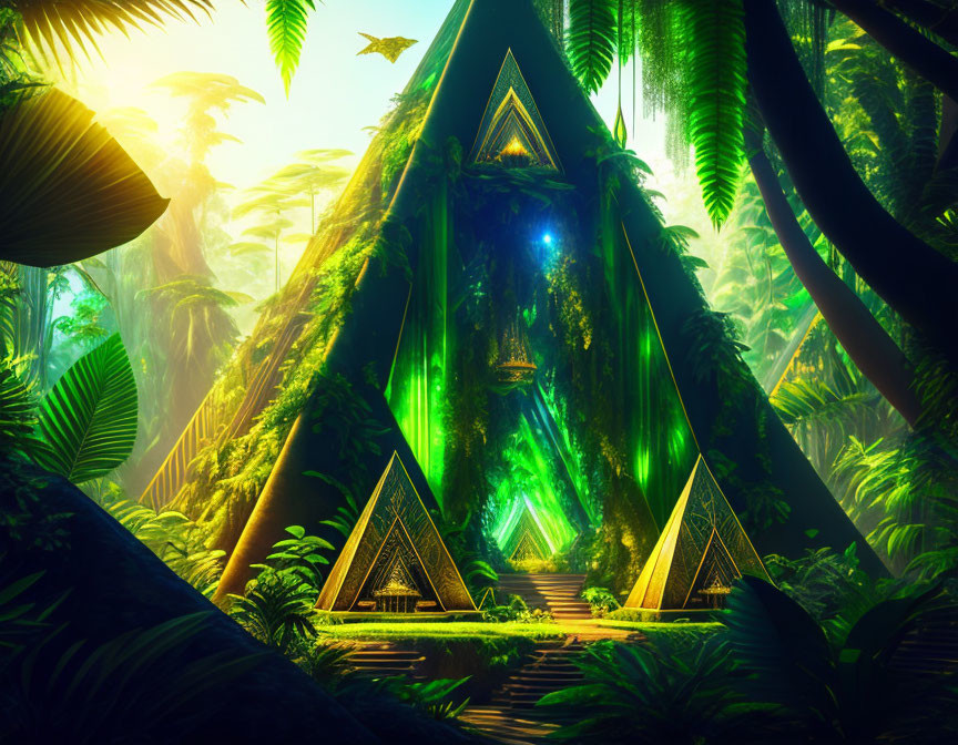 Ethereal jungle with glowing green light and pyramids amid lush ferns