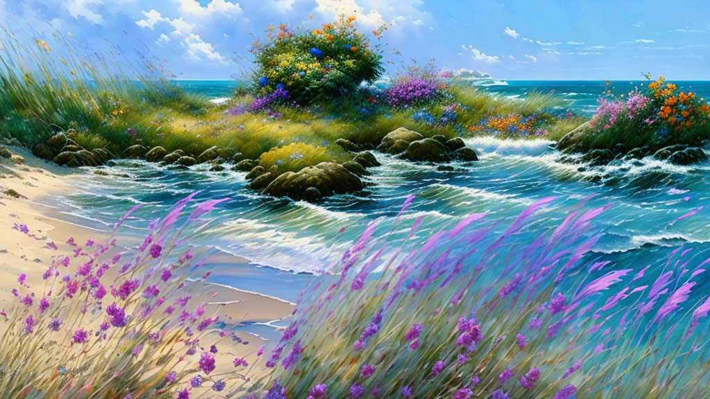 Tropical beach scene with greenery, flowers, rocks, and waves