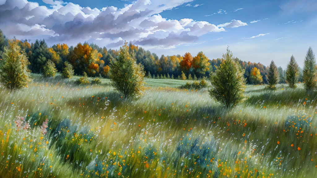 Tranquil meadow with autumn trees and fluffy clouds