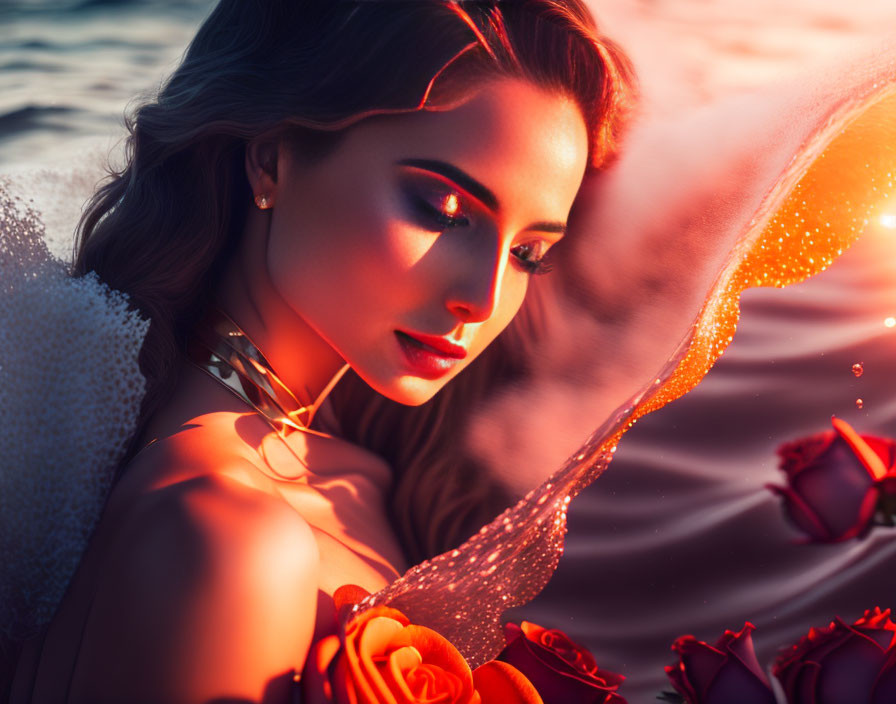 Woman surrounded by roses and glittering veil in warm sunset light