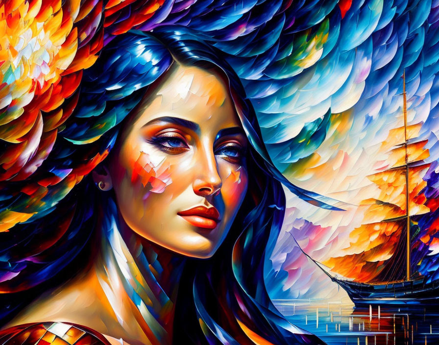 Vibrant digital artwork: Woman with feather wings by sailboat