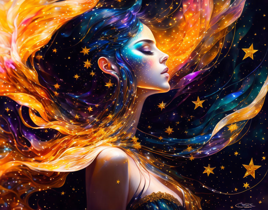 Digital artwork: Woman with cosmic hair in celestial colors